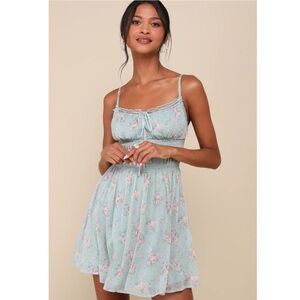 Lulus Flirty Dreamer Sage Floral Bustier Lace Ribbon Mini Dress Cottagecore NWT
